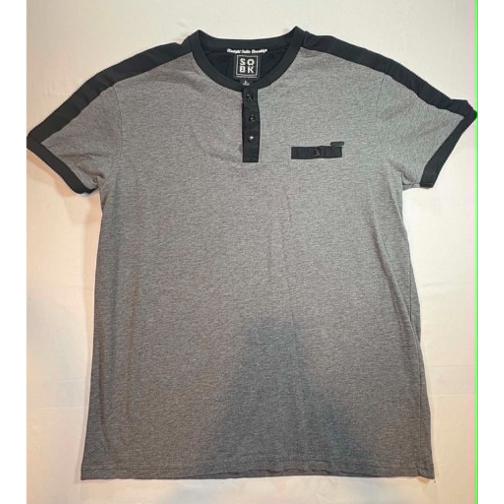 Straight Outta Brooklyn SOBK Men's L Henley Shirt Gray Black Colorblock Pocket
